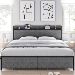 Bed Frame with 2 Storage Drawers and Headboard, Upholstered Bed Frame with Charging Station - 1 of 4