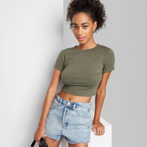 ONLY Women Ribbed Crop Shirt with long sleeves olive green