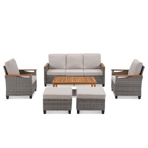 Buenhomino 6-Piece Outdoor Wicker Furniture Set – Sofa, 2 Chairs, 2 Ottomans & Coffee Table with Cushions, Weather-Resistant PE Rattan Patio Set - 1 of 4