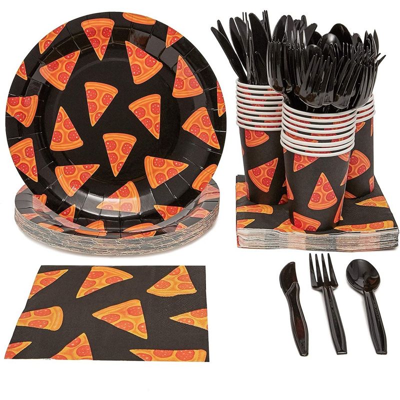 Juvale 144 Pieces Pizza Party Supplies Pack Decorations, Dinnerware Set with Plates, Napkins, Cups, and Cutlery (Serves 24), 1 of 9