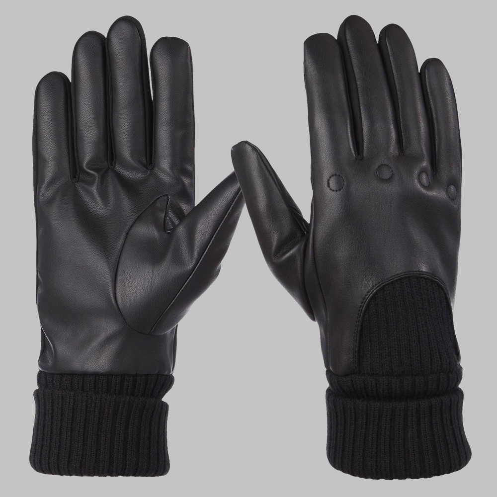 Isotoner Men's Faux Leather Ribbed Gloves - Black M