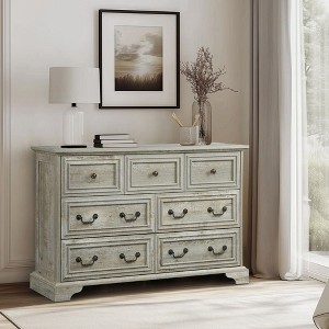 CAVINAS 7 Drawers Dresser for Bedroom,Farmhouse Dresser with Natural Texture and Vintage Design for Kids Room,Living Room,White/Oak - 1 of 4