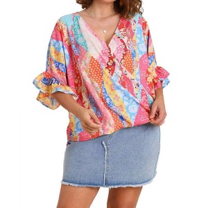 Women's Mixed Print Top With Ruffle Sleeves Plus Size - umgee - 1 of 4