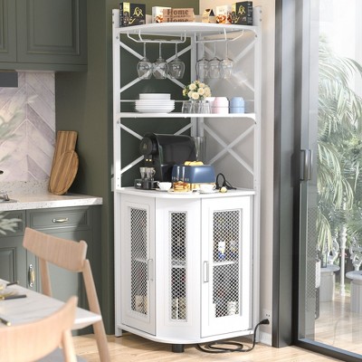 Aheaplus Home 5-layer Corner Wine Cabinet with LED Light Strip and Glass Rack, Corner Display Shelf with Power Socket