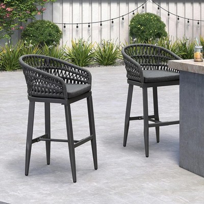 PURPLE LEAF Outdoor Rattan Bar Stools Set of 2 Modern Boho Aluminum Patio Bar Height Chair with Cushion for Garden Outdoor and Indoor
