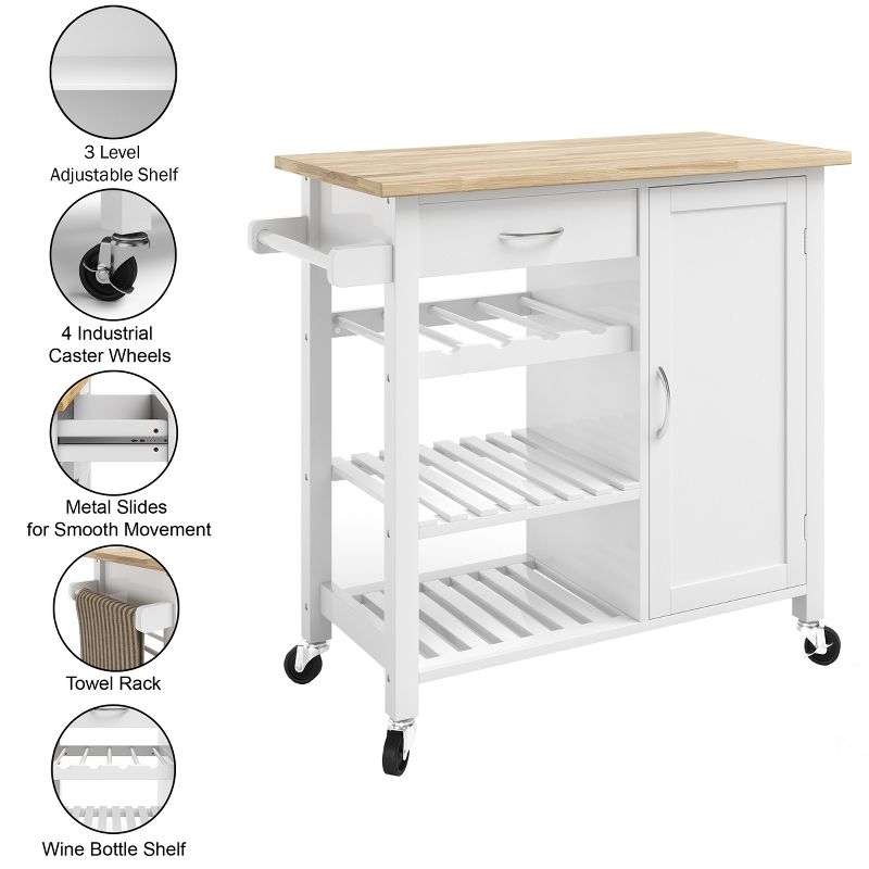 Kitchen Island with Towel Rack and Shelves for Storage – Rolling Cart to Use as Coffee Bar, Microwave Stand, or Kitchen Storage by Lavish Home (White), 5 of 9
