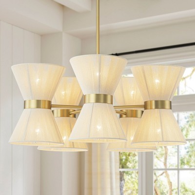 Rennnsan Galvune 26"W 10-Light Hourglass Shape Ratten Boho Dimmable Chandelier in Gold