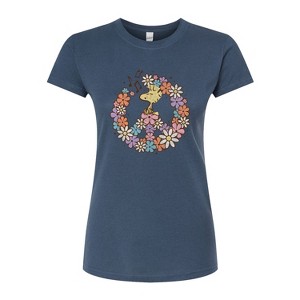 Women's - Peanuts - Floral Peace Sign Woodstock Juniors Fitted Graphic T-Shirt - 1 of 3
