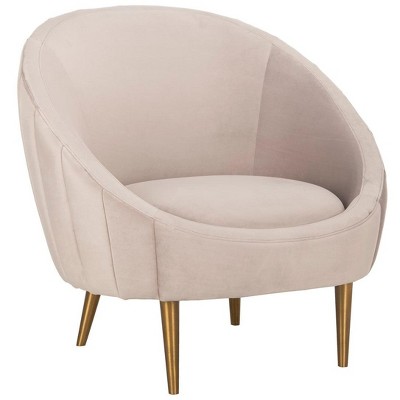 Transitional Pale Taupe Velvet Barrel Arm Chair with Wood Accents
