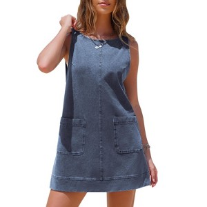 EXLURA Womens Sleeveless Denim Dress Casual Summer Crewneck A Line Overall Mini Dress with Pockets - 1 of 4