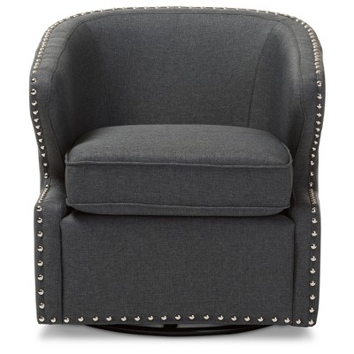Mid-Century Modern Gray Leather Swivel Accent Chair with Wood Frame