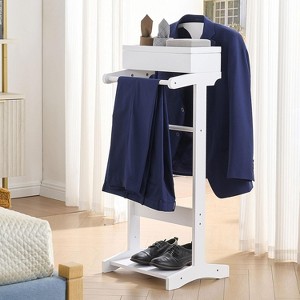 Kings Brand White Wooden Valet Stand – Freestanding Clothes Organizer, Garment Rack, Coat Hanger, Shoe Shelf & Accessory Storage - 1 of 4