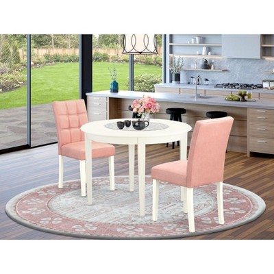 East West Furniture 3 Piece Dinner Table Set contain A Wooden Table and 2 Platinum Gray Faux Leather Person Chairs with Stylish Back- Linen White