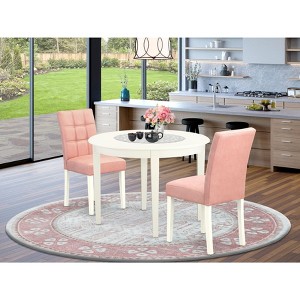 East West Furniture 3 Piece Dinner Table Set contain A Wooden Table and 2 Platinum Gray Faux Leather Person Chairs with Stylish Back- Linen White - 1 of 4