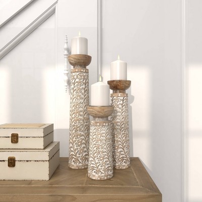 Rustic Elegance Mango Wood Carved Candle Holders, Brown Floral Set of 3