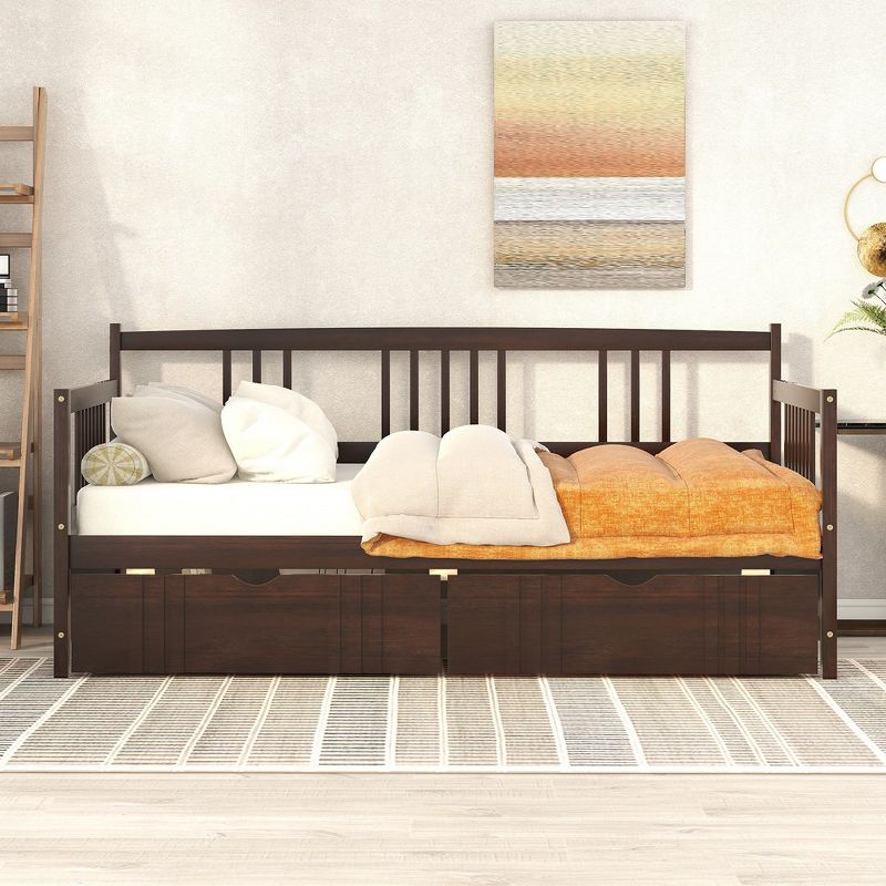 Twin Size Daybed Frame With 2 Drawers And 3 Side Guardrail, Wooden Slats Support, No Box Spring Needed, Daybed Bed Frame, 2 of 8