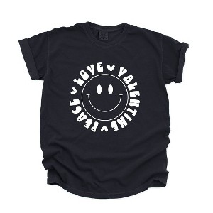 Simply Sage Market Women's Peace Love Valentine Smiley Short Sleeve Garment Dyed Tee - 1 of 4