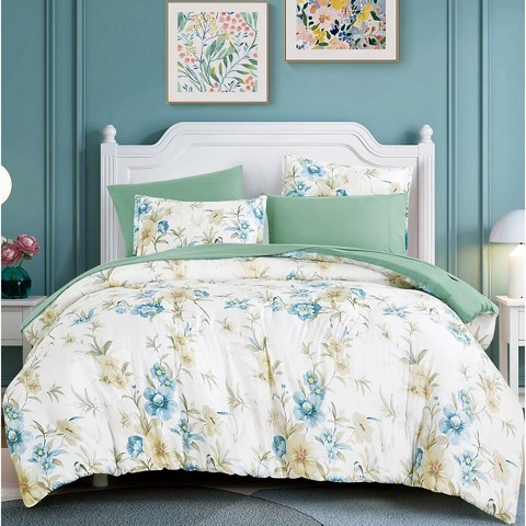 Home Mart Goods 7 Piece Green Floral Modern Comforter Set Soft Bedding