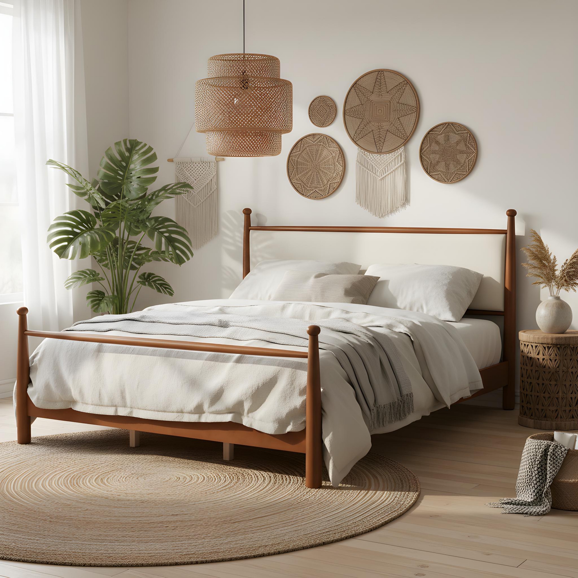 King Size Platform Bed Frame with Upholstered Headboard & Sturdy Solid Poplar Frame, Beige & Walnut - ModernLuxe