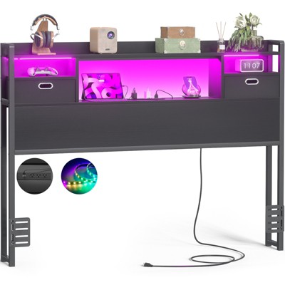 Aheaplus Storage Headboard with Power Outlet and RGB LED Lights, Head Board with Fabric Drawers