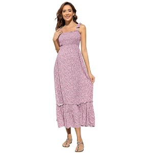 Women's Maternity Smocked Summer Dress Boho Casual Spaghetti Strap Square Neck Sleeveless Maxi Dress Baby Shower - 1 of 4