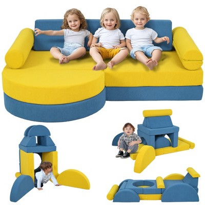 Runesay Yellow 14 Piece Modular Kids Play Couch, Sitting and Sleeping, Convertible Foam Floor Cushions
