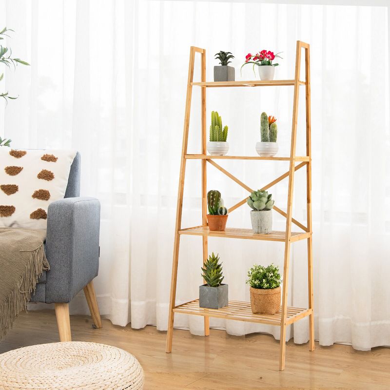 Tangkula 4-Tier Bamboo Ladder Bookshelf 58" Display Shelf Storage Rack Plant Flower Stand, 4 of 10