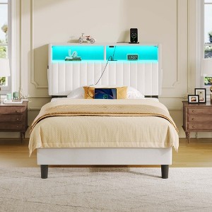 Greenstell  Bed Frame with Velvet Upholstered  Storage Headboard & Charging Station and  LED Light - 1 of 4