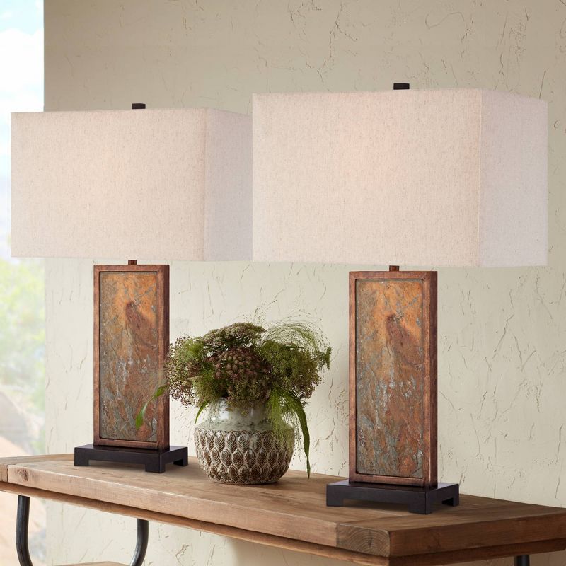 Franklin Iron Works Modern Table Lamps 30" Tall Set of 2 Natural Slate Stone Rectangular Box Shade for Living Room Family Bedroom Bedside, 2 of 8