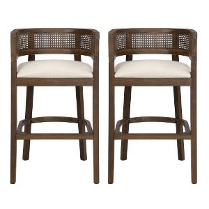 Christopher Knight Home Set of 2 Alaia Contemporary Rubberwood Upholstered with Curved Rattan Back Counter Height Barstools Walnut - 1 of 4