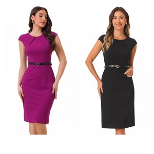 INSPIRE CHIC Women's Elegant Business Round Neck Belted Cap Sleeve Work Sheath Dresses 2 Packs - 1 of 4