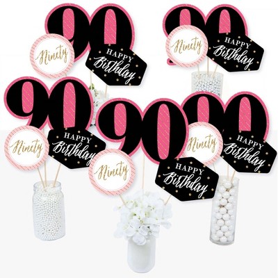 Big Dot of Happiness Chic 90th Birthday - Pink, Black and Gold - Birthday Party Centerpiece Sticks - Table Toppers - Set of 15