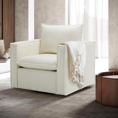 MAYEERTY Swivel Accent Chairs for Living Room, 32Inches Wide Upholstered Armchair with Plush Back Pillow, Modern Sofa Corner Barrel Chair- Beige