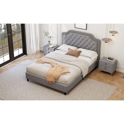 Okak Elegant King Velvet Platform Bed Frame with Upholstered, Ruched Button Tufted Headboard Wood Slats No Box Spring Needed Easy Assembly, Gray