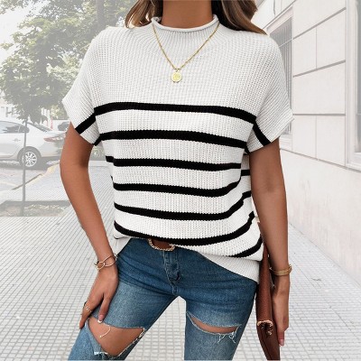 Womens Cap Sleeve Pullover Sweater Summer Casual Tops Stripped Crew Neck Lightweight Sweater Vest Ribbed Knit Pullover Tops