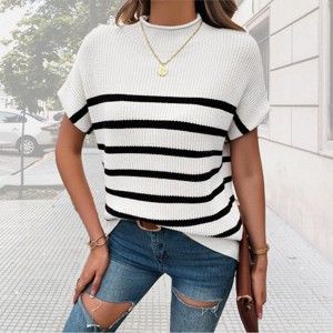 Womens Cap Sleeve Pullover Sweater Summer Casual Tops Stripped Crew Neck Lightweight Sweater Vest Ribbed Knit Pullover Tops - 1 of 4