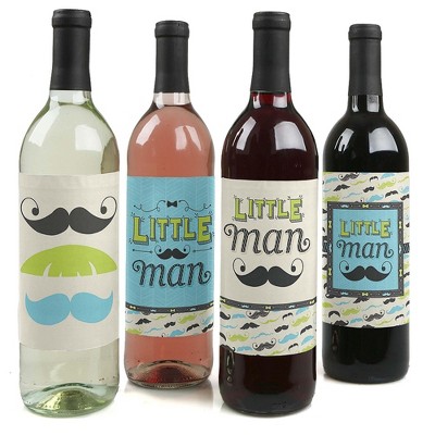 Big Dot of Happiness Dashing Little Man Mustache Party - Baby Shower or Birthday Party Decor for Women and Men - Wine Bottle Label Stickers - Set of 4