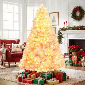 KRISRATE 6FT Pre-lit Pink Flocked Artificial Christmas Tree 8 Adjustable Light Modes, 250 LED Lights, 640 PVC Branch Tips, Foldable Metal Stand, Pink - 1 of 4