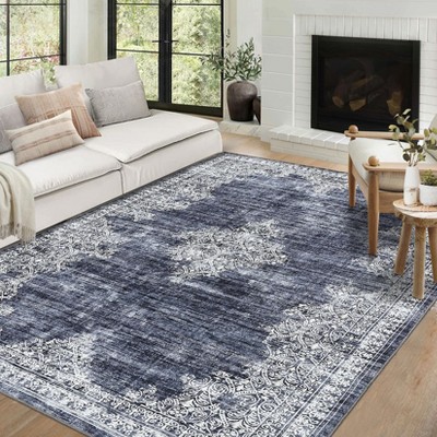 Washable Vintage Printed Rug Non Slip Low Pile Rug Soft Throw Floor Cover Foldable Indoor Carpet for Living Room Bedroom Playroom Nursery