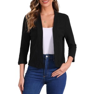 Allegra K Women's Cropped Elegant Sweater Open Front 3/4 Sleeve Knit Casual Cardigan - 1 of 4