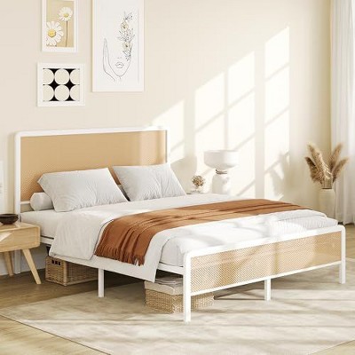 Full Size Rattan Bed Frame with Led Light Headboard, Bohemian Style Cane Boho Bed Frames