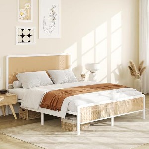 Full Size Rattan Bed Frame with Led Light Headboard, Bohemian Style Cane Boho Bed Frames - 1 of 4