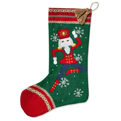 tagltd Nutcracker Ballet Theme Soldier Nutcracker Cotton Stocking with Embroidered Trim on Green Background, 18.5L x 10.5W in.