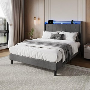 Twin/Full/Queen/King Upholstered Platform Bed Frame with LED Lights & Charging Station, Compact Bed with Storage Shelf & Padded Headboard - 1 of 4