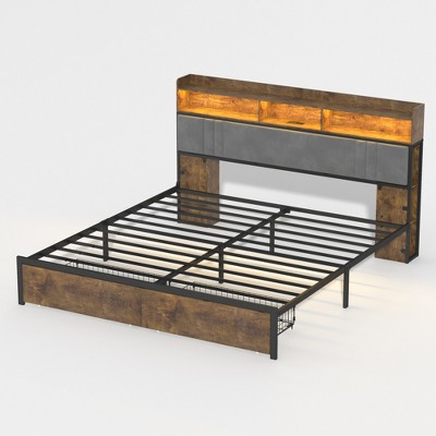 VYNXARIA King Size Dark Brown Platform Bed with LED, Power Outlets, Padded Headboard, 2 Storage Drawers & Sturdy Metal Slat Support
