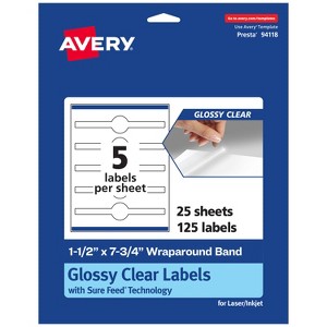 Avery Glossy Clear Wraparound Band Labels with Sure Feed, 1.5" x 7.75", 125 Glossy Clear Labels, Print-to-the-Edge, Laser/Inkjet Printable Labels - 1 of 4