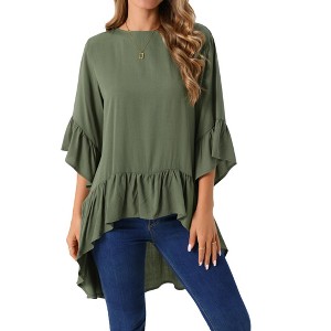 INSPIRE CHIC Women's High Low 3/4 Bell Sleeve Keyhole Back Ruffle Hem Asymmetrical Blouse - 1 of 4