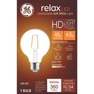 GE 40W Relax G25 LED Globe Light Bulbs Soft White Clear: Dimmable Edison Bulb, 40 Watt Equivalent, Energy Star Certified - 1 of 4