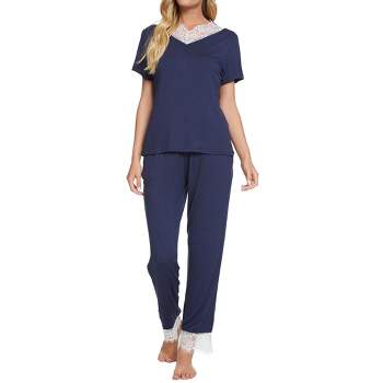 cheibear Womens Sleepwear V-Neck with Lace Nightwear with Pants Loungewear Pajama Set