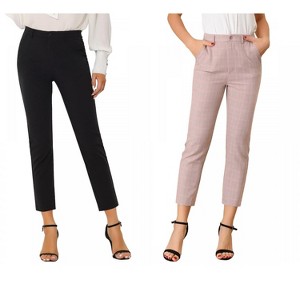 Allegra K Women's Plaid High Waist Elastic Back Office Work Ankle Pants 2 Packs - 1 of 4